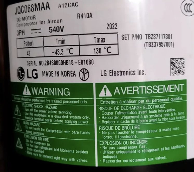 0911219479 cung cấp block máy nén lạnh LG 8hp JQC068MQA